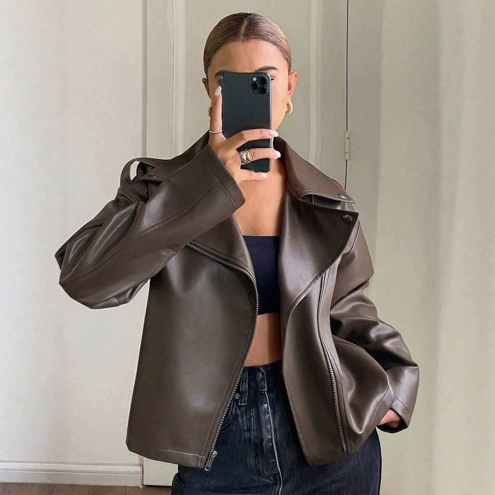 ZARA American Vintage Leather Biker Jacket Oversized Cool Fall Women